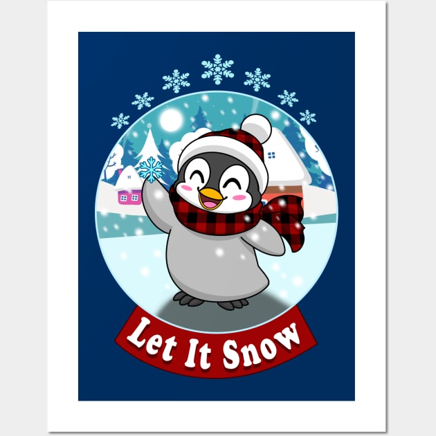 Let it snow Kawaii Penguin Christmas holiday snowflake design Wall Art by JustJoshDesigns